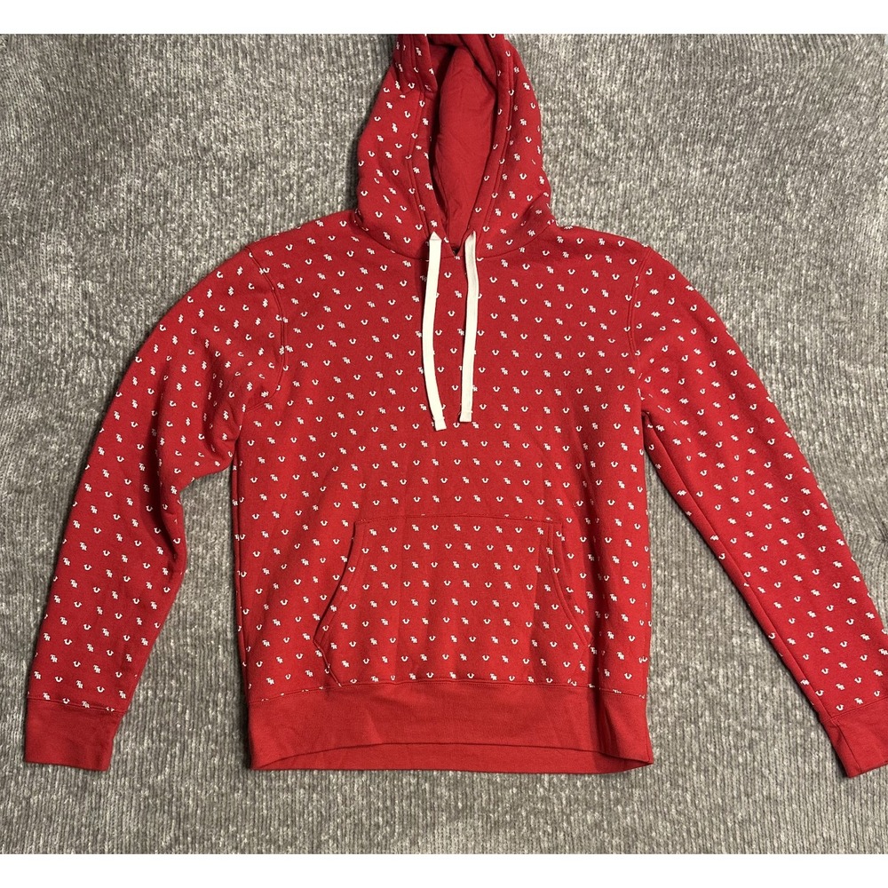 True Religion Sweatshirt Men's XL Red Hoodie All-Over Monogram Logo Print